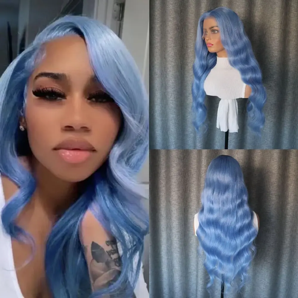 

Lake Blue Body Wave Wigs Pre-Plucked Hairline HD Transparent Lace Glueless Wigs 13x4 Front Lace Brazilian Hair 180% Density Wigs