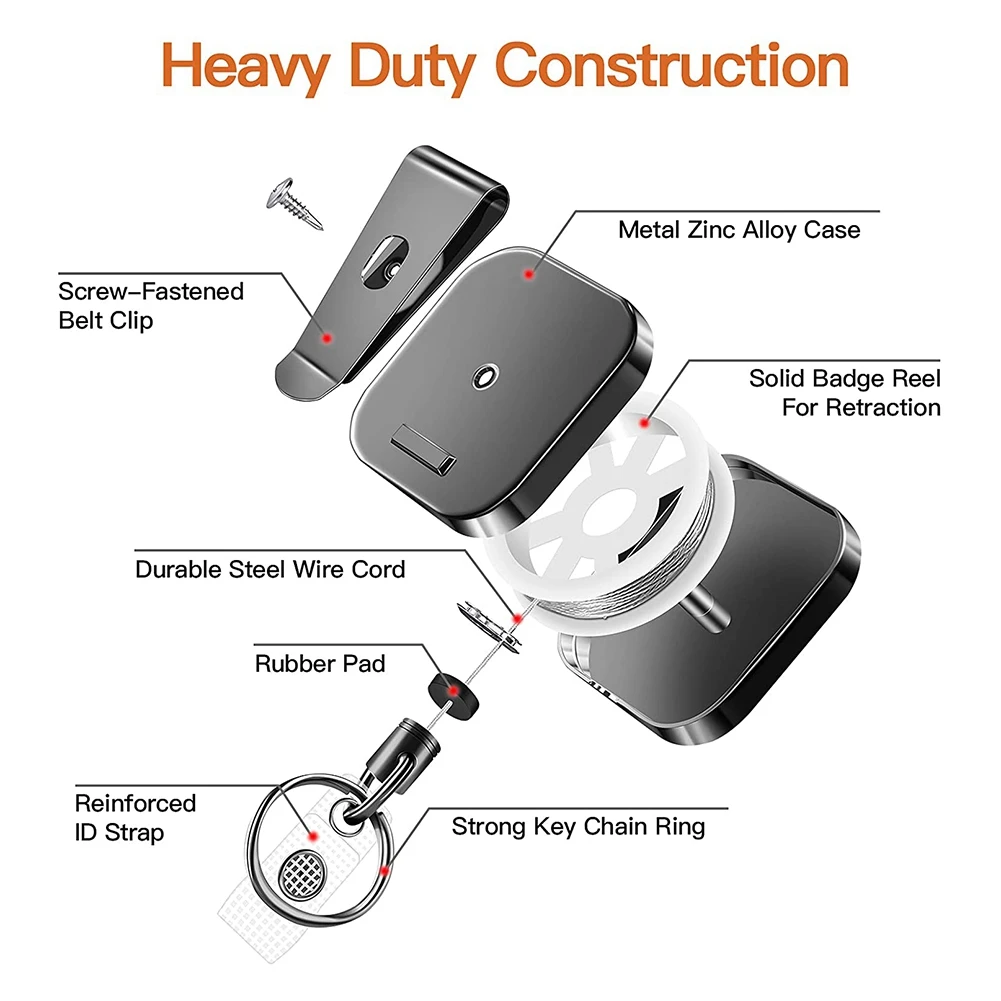LLavero de mosquetón retráctil de Metal resistente, carretes de insignia de cinturón, Clip de 28,3 pulgadas, cable de alambre de acero reforzado