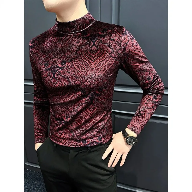 Retro Printed T-shirt Men's Long-sleeved Autumn and Winter New Half Turtleneck Men's Inner Layering Shirt