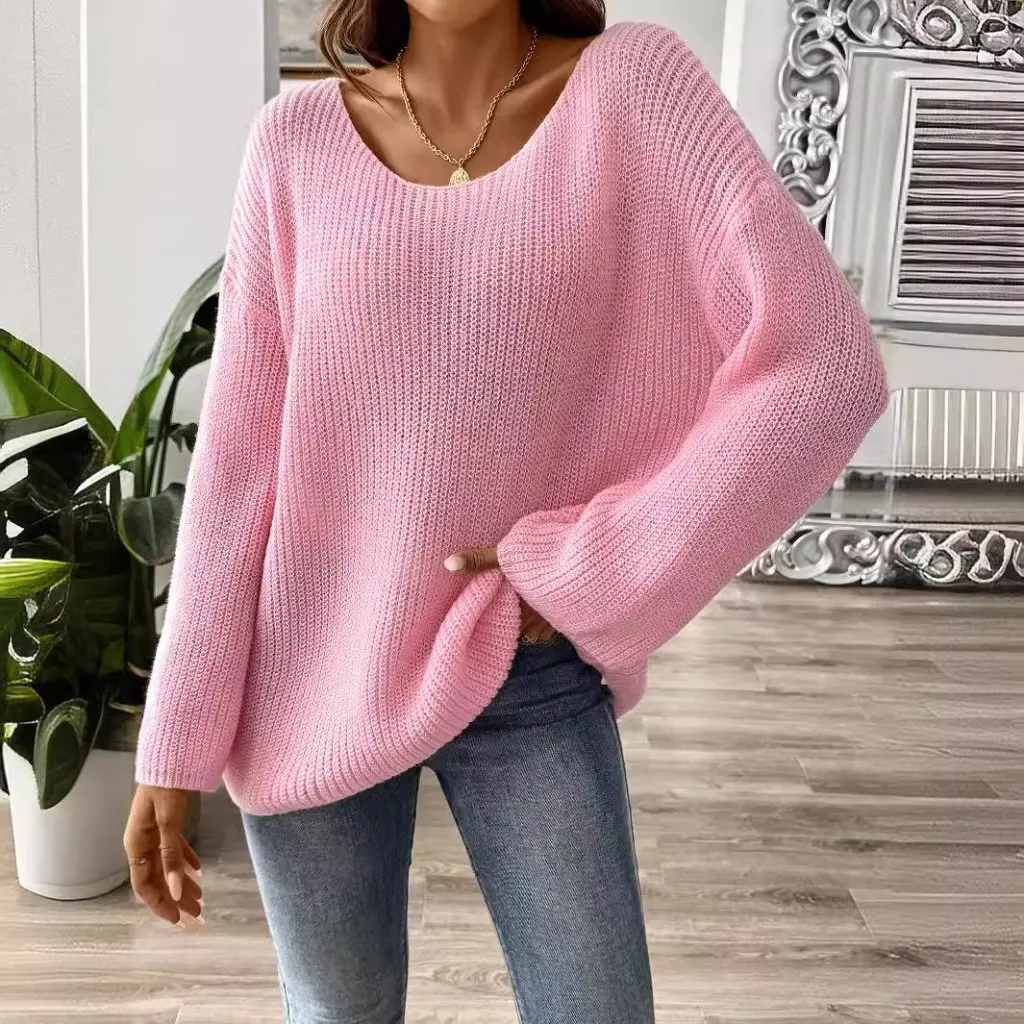 

Women's Open-Shoulder Pullover Sweater Loose Trumpet Sleeve European American Style Simple Top for Casual Wear