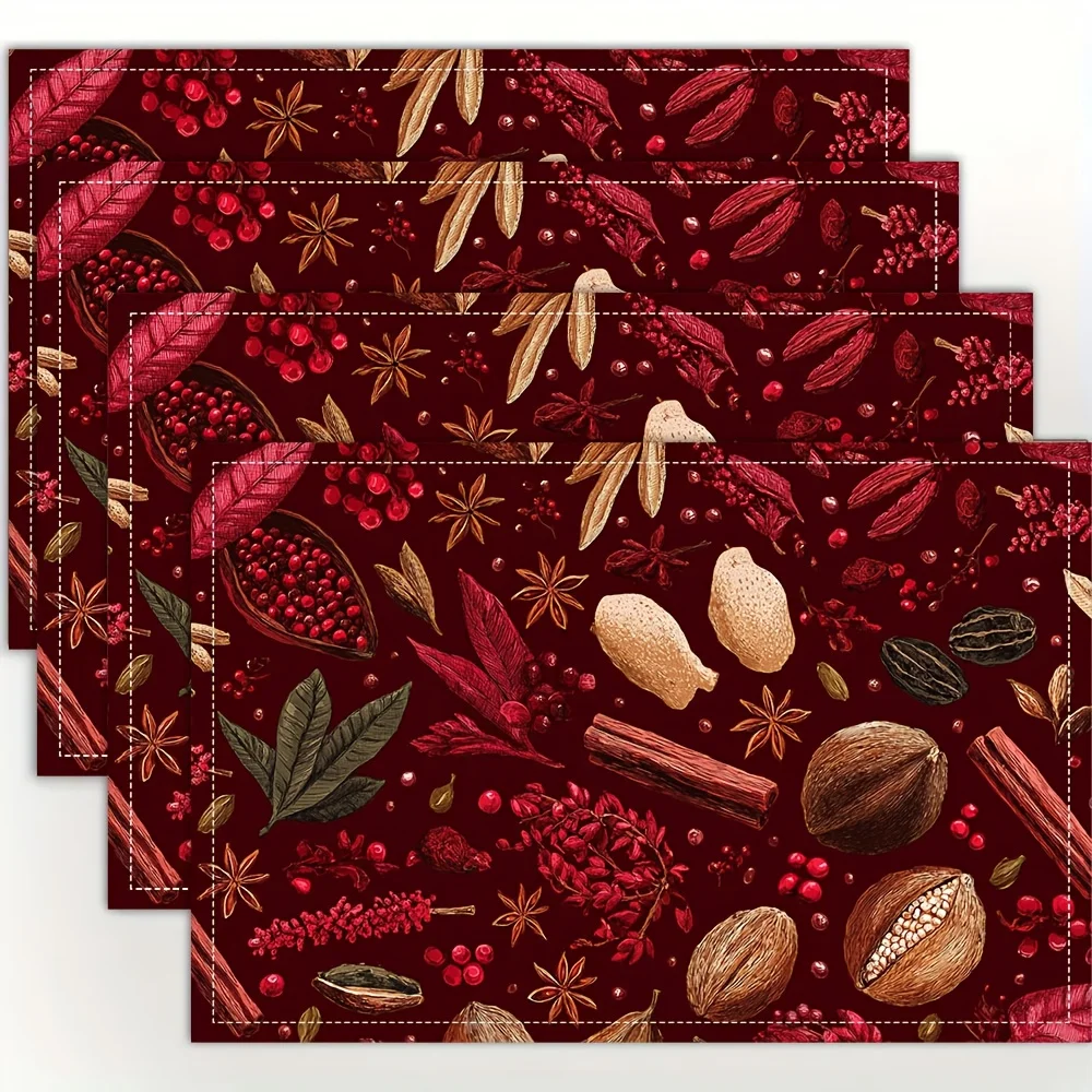 4pcs Holiday Spices Pattern Placemats 12x18 Inch Linen Table Mats with Festive Red Green, and Golden Design