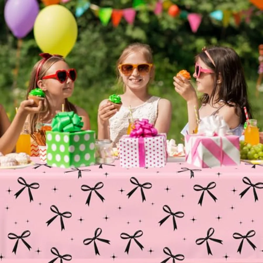 Nappe à nœud rose, 3 pièces, décor de Table à nœud noir, Coquette, décorations d'anniversaire, fournitures de fête imperméables jetables noires pour filles