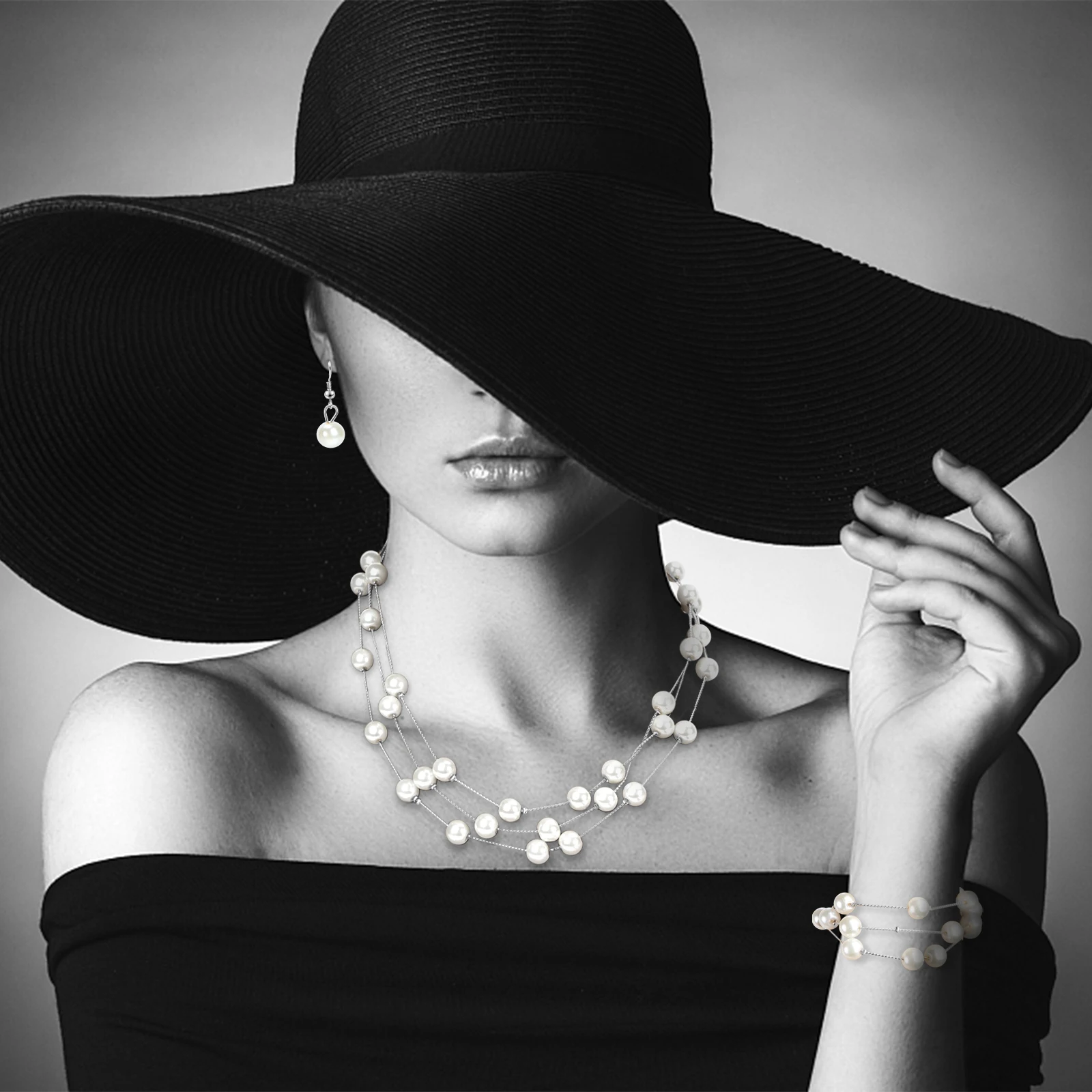 Pérola Colar Brinco e Pulseira Set, Camadas