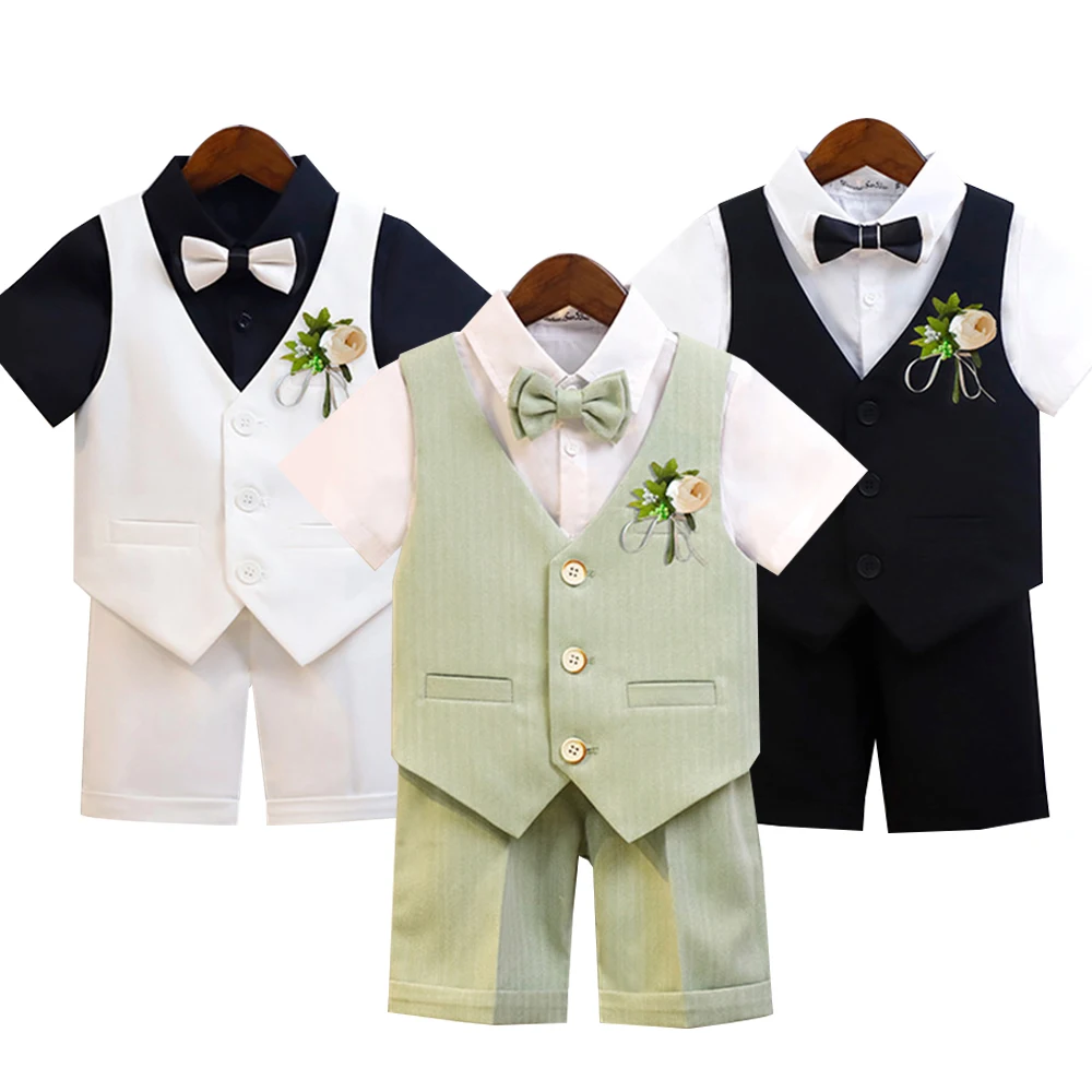 

Летний детский костюм-комплект из 5 предметов: костюм с коротким рукавом и жилетом для мальчиков, для выступлений, игры на фортепиано, пляжных свадеб и в качестве костюма для шафера