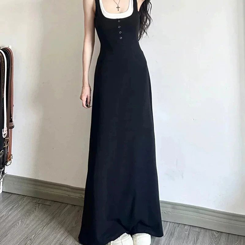 Women Black White Fake Two Piece Maxi Dress Sleeveless Button Front Knit Long Dress Slim Fit Casual Y2K Summer