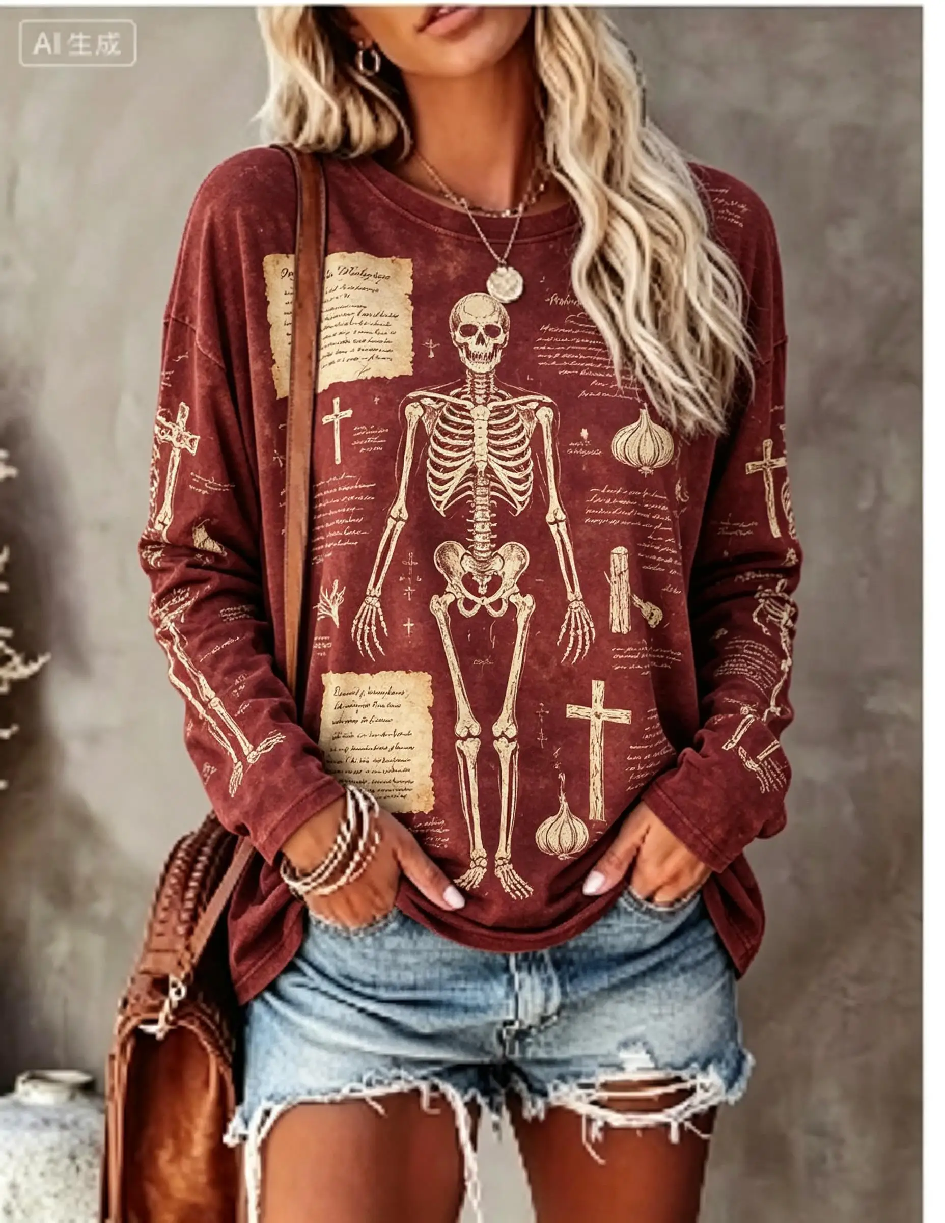 Women Halloween Long Sleeve T‑Shirt Werewolf Skeleton Vintage Newspaper Print Crew Neck Fall Casual Tops