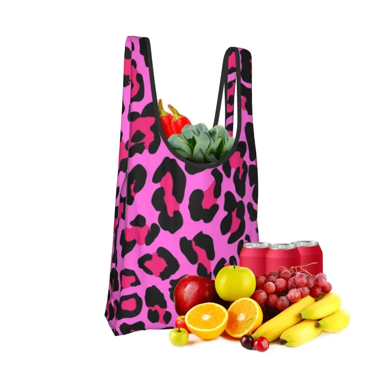Hot Pink Leopard Print Shopping Bag Portable Tote Bags Foldable Shoulder Shopper Bag Grocery Handbag