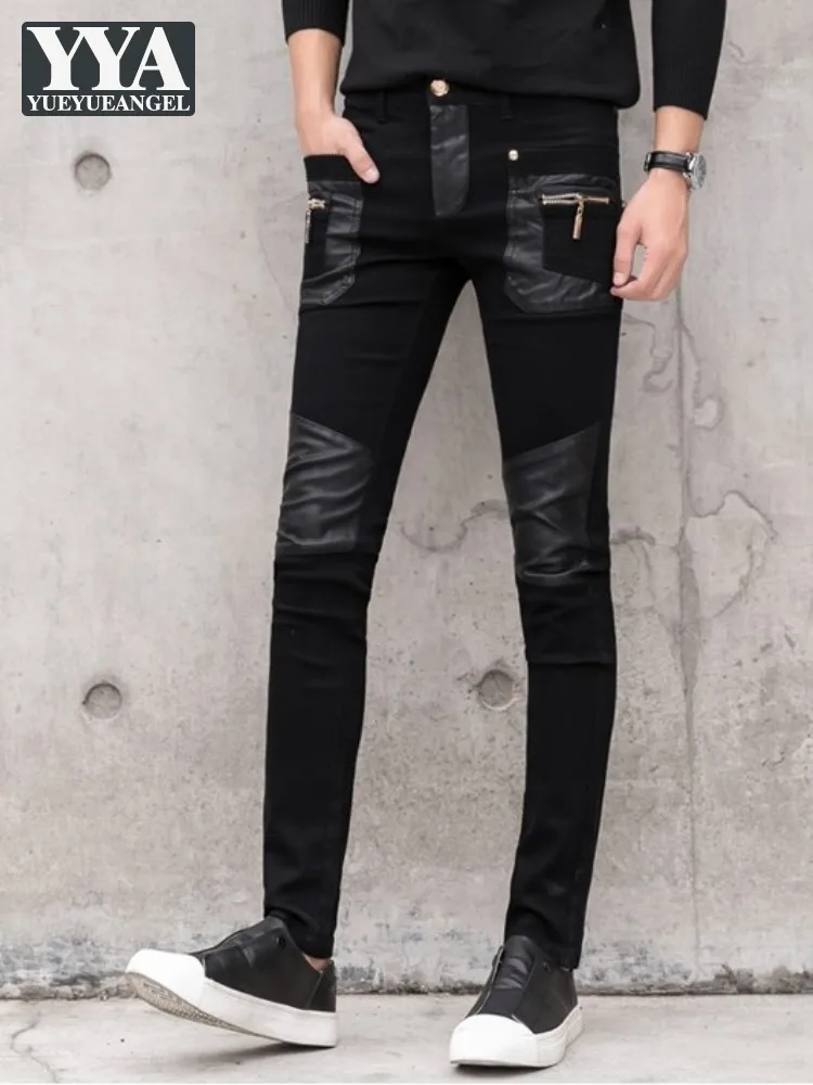 

Mens Casual Skinny Pencil Pants Spring Fashion Patchwork Pu Leather High Street Motorcycle Pants Slim Fit Trousers Size 28-36