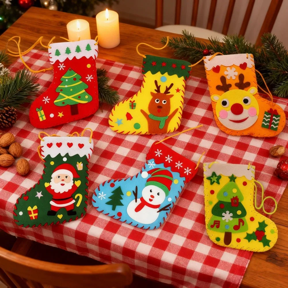 Crianças diy meias de natal kit de material não tecido jogo de quebra-cabeça brinquedo artesanal brinquedo educativo para crianças artesanato presente decoração de natal