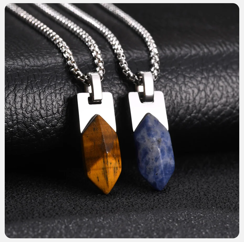 Vnox Natürlicher Tigerauge-Sodalith-Stein Anhänger Halskette für Männer, Edelstahl Geometrische Kastenkette Punk Herrenschmuck Geschenk – Detail 5