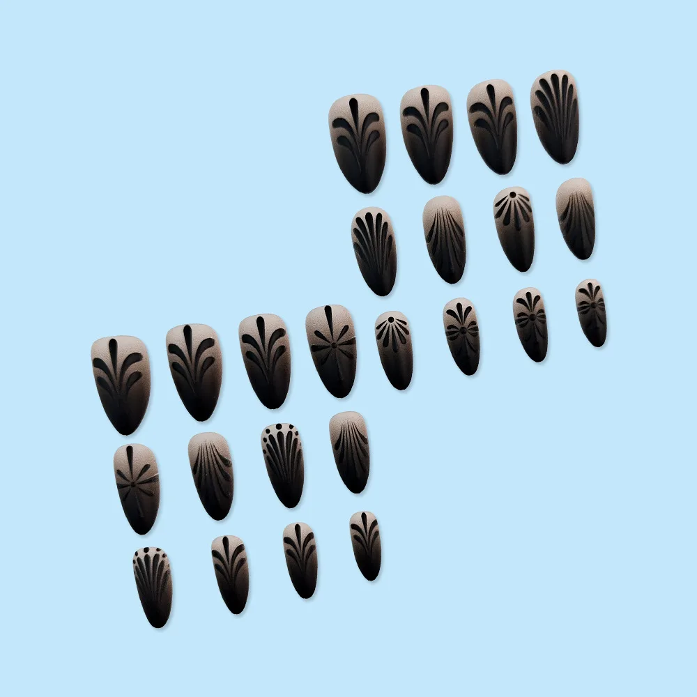 24pcs Matte Black Fake Nails Sweet Cool Spice Girls Style Press on Nails Wearable Detachable European Almond Shaped False Nails