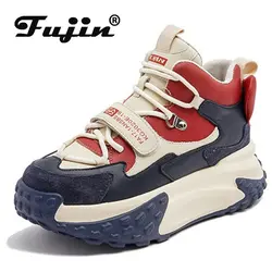 Fujin 6cm Genuine Leather Mixed Color Platform Sneaker Chunky Ankle Boots Hidden Heel Women Casual Autumn Spring Vulcanize Shoes