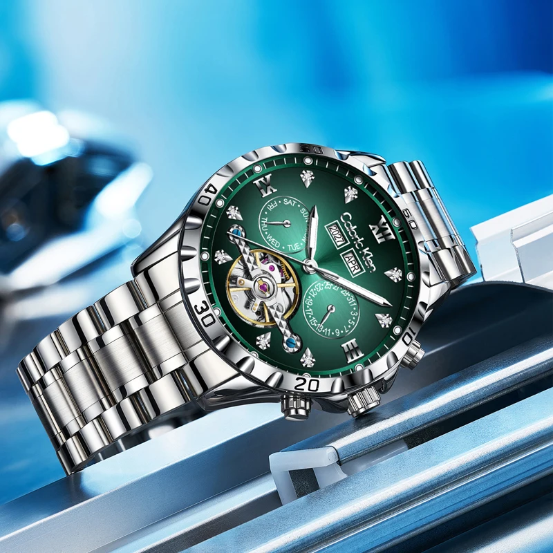 ساعة ميكانيكية فاخرة متعددة الوظائف للرجال من الفولاذ المقاوم للصدأ مقاومة للماء ساعات توربيون أوتوماتيكية للرجال ساعة تقويم كلاسيكية #4