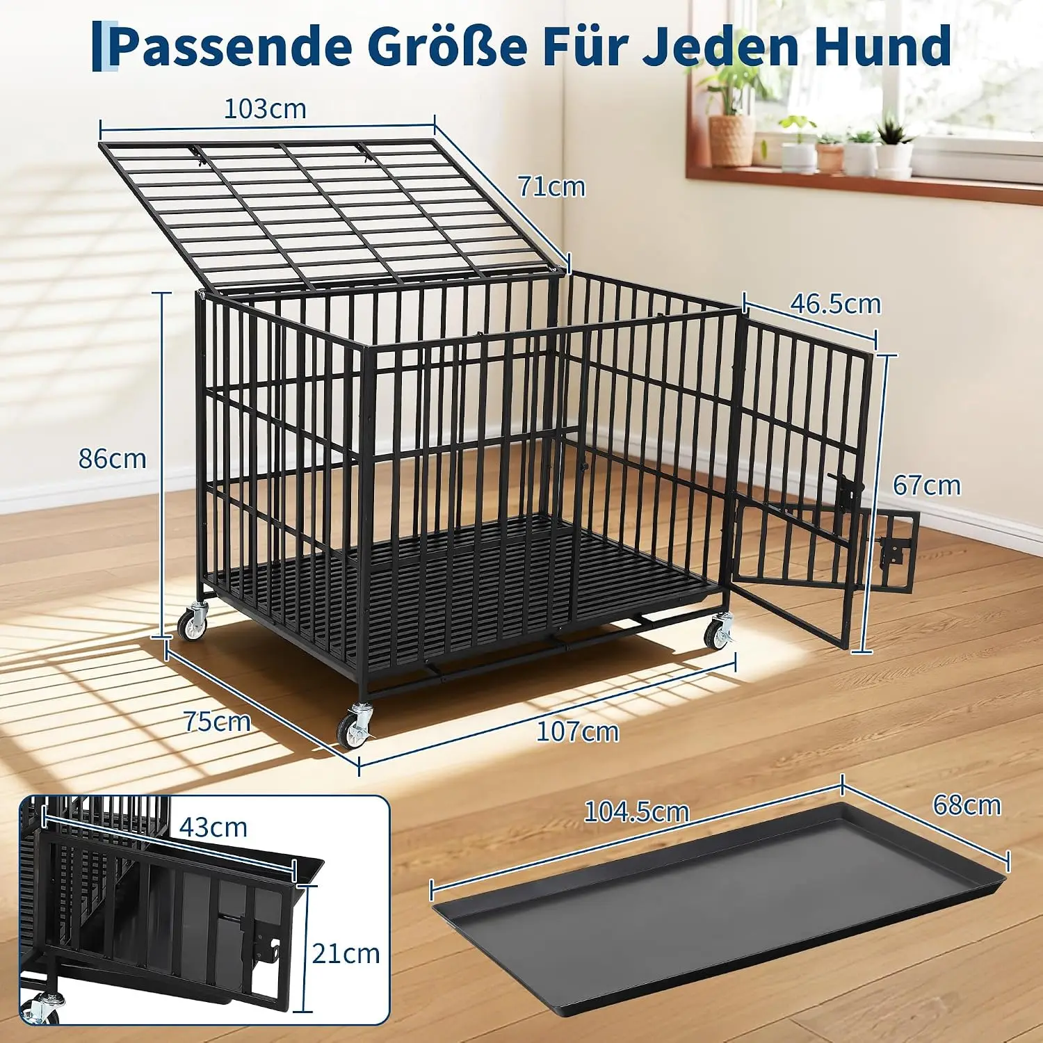 Cage pour chien Garvee XXL en acier robuste pour grands chiens, 107×75×86cm, avec double porte et plateau inférieur amovible, cage métallique robuste pour la maison et les voyages