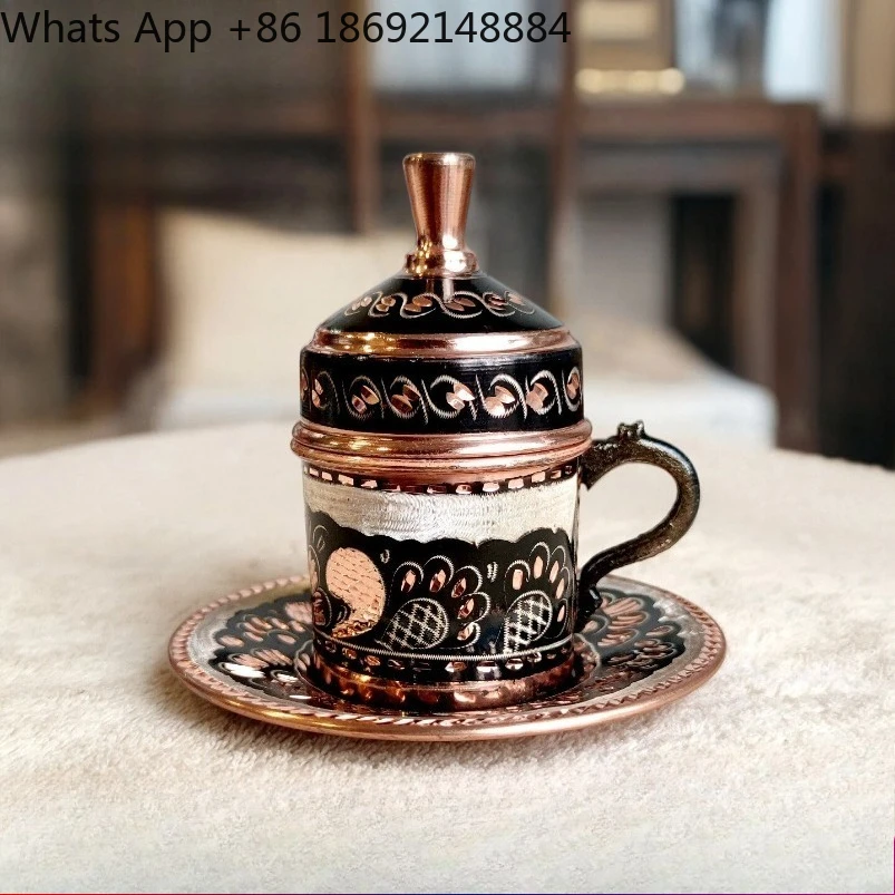 

All handmade copper coffee cup, black copper engraved European court style wind belt saucer