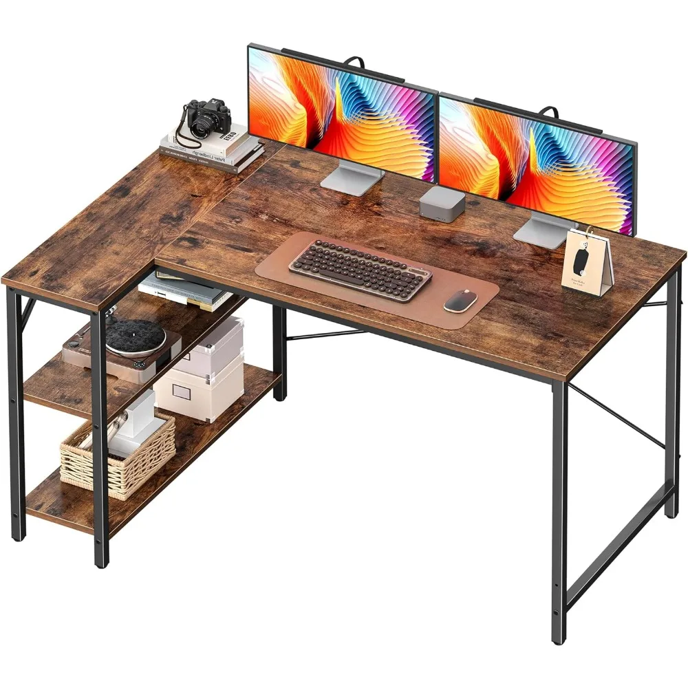 

L Shaped Desk 47 Inch Computer with Reversible Shelves Gaming Home Office Writing Study Metal Frame Rustic