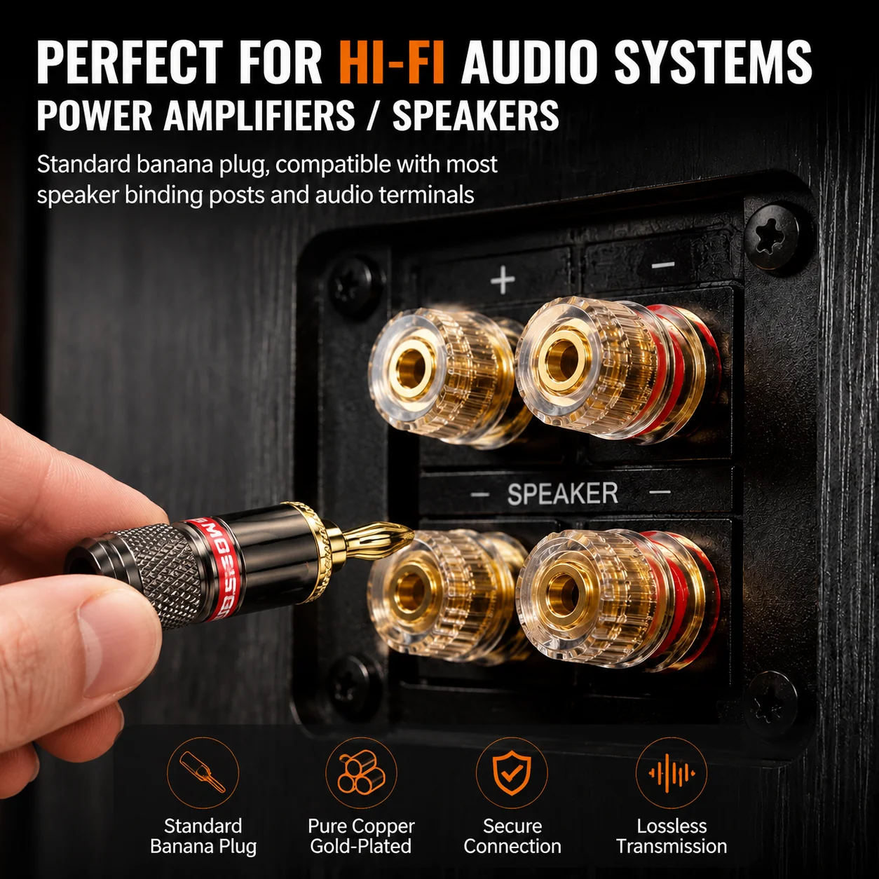 HHDZI 4mm Solderless Banana Plug 24K Gold Plated Pure Copper Alloy Housing Self-Locking HiFi Speaker Audio Connector view 2