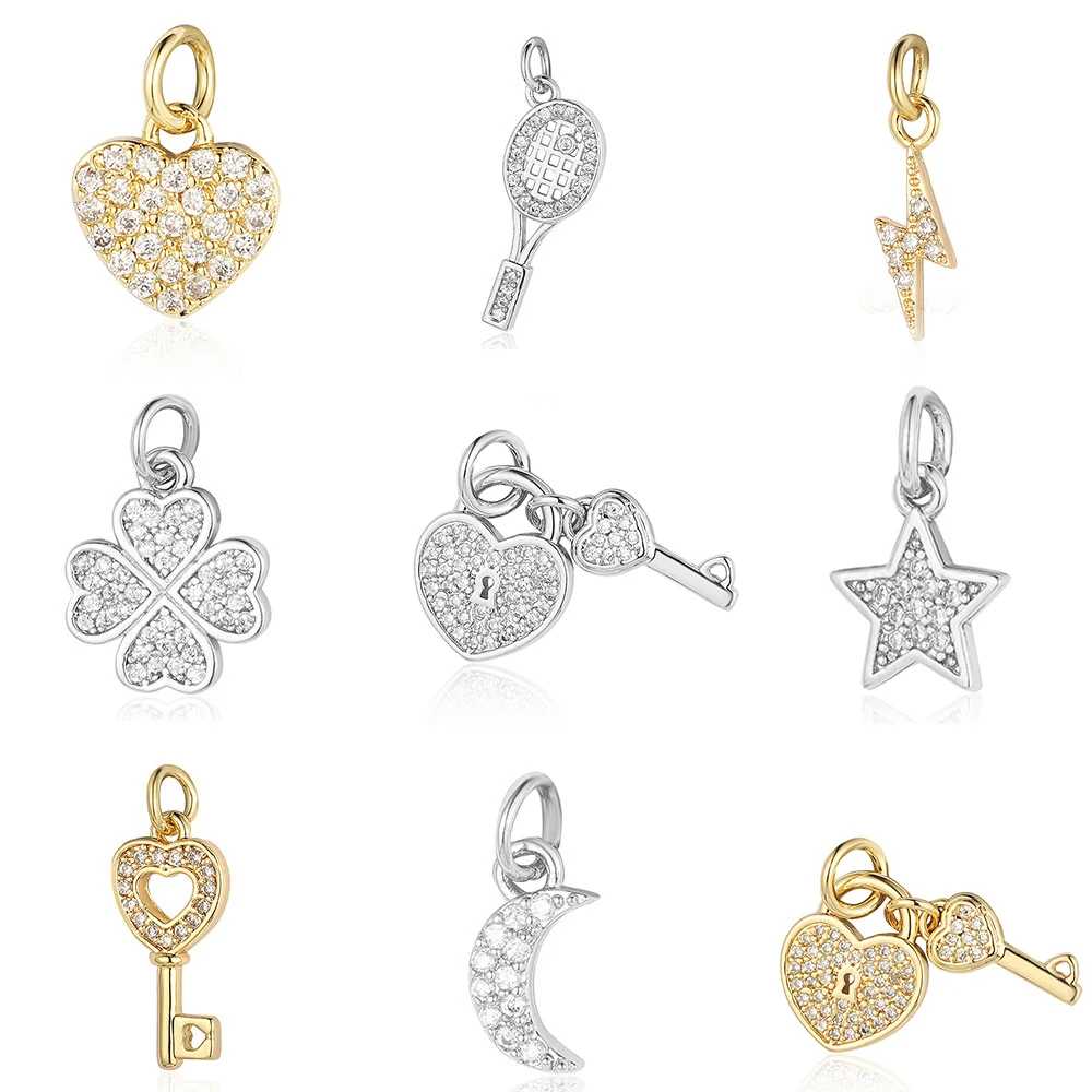 3 unids/lote estrella corazón llave cobre cúbico circón encantos trébol relámpago herradura raqueta Luna pulsera pendiente COLLAR COLGANTE