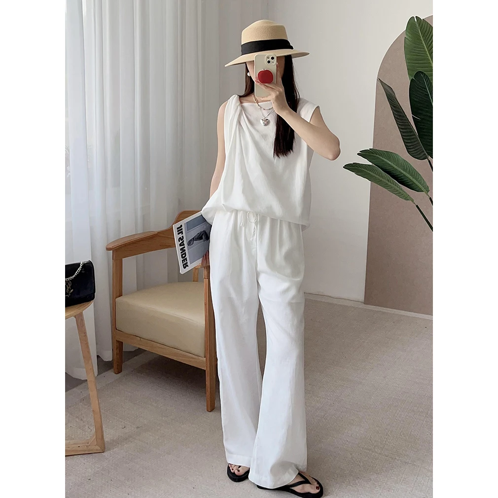 

Selfwill Summer 2025 Women's Faion Set Loose Feelings Silk Linen Knotted Svel Vest with ket Embroidered Wide Leg P...