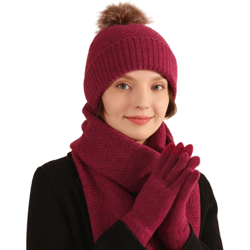 Winter warme Woll mütze Schal Handschuhe Set für Frauen Fleece gefütterte Kabel Mütze mit Pom Pom langen Schal Touchscreen Handschuhe 3 in 1 Set