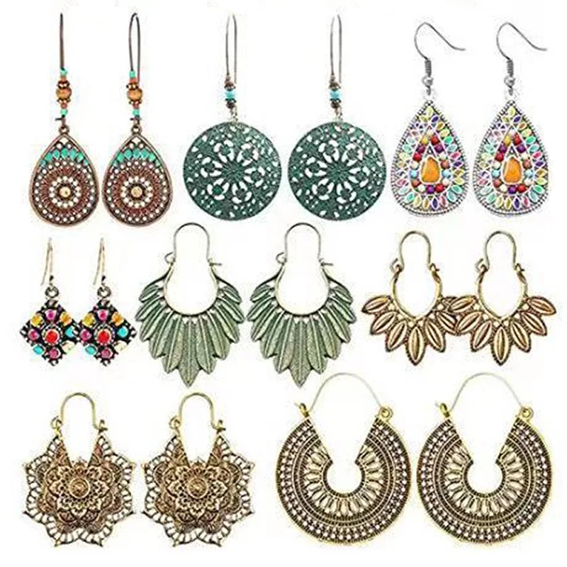 Conjunto de pendientes europeos y americanos de Amazon, pendientes de estilo étnico, joyería redonda simple de estilo nacional retro para las orejas