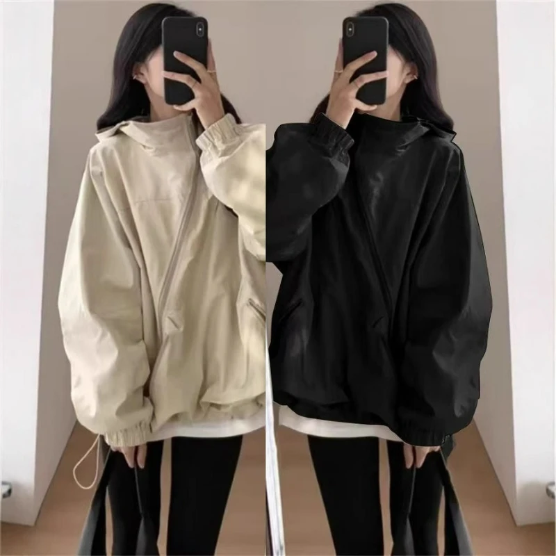 

Personalized Trench Coat Solid Color Zipper Jacket Women's Korean Version 2026 New Style Thin Down Coats Loose Hooded Workwear
