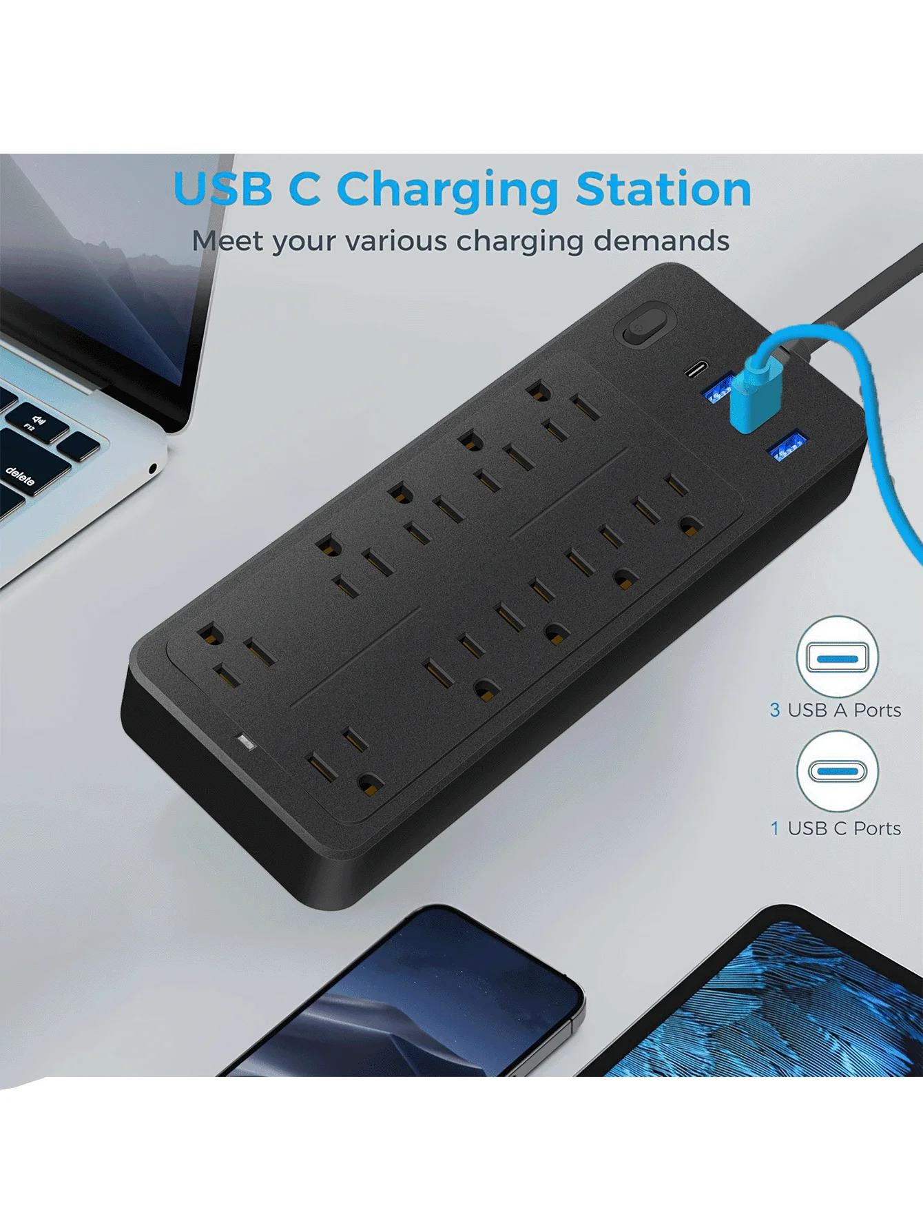 Power Strip Surge Protector, 10 AC Outlets 3 USB-A & 1 USB-C Port, 14 in 1 Multi Outlet Extender, Overload Protection, Desktop Charging Station for Home Office Dorm