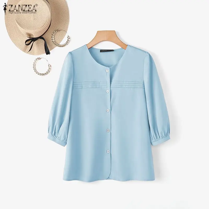 

Элегантные женские рубашки ZANZEA, модная повседневная блузка с рукавом 3/4, летняя модель 2026 года, с круглым вырезом, на пуговицах, свободного кроя, в корейском стиле, для офиса, женская.