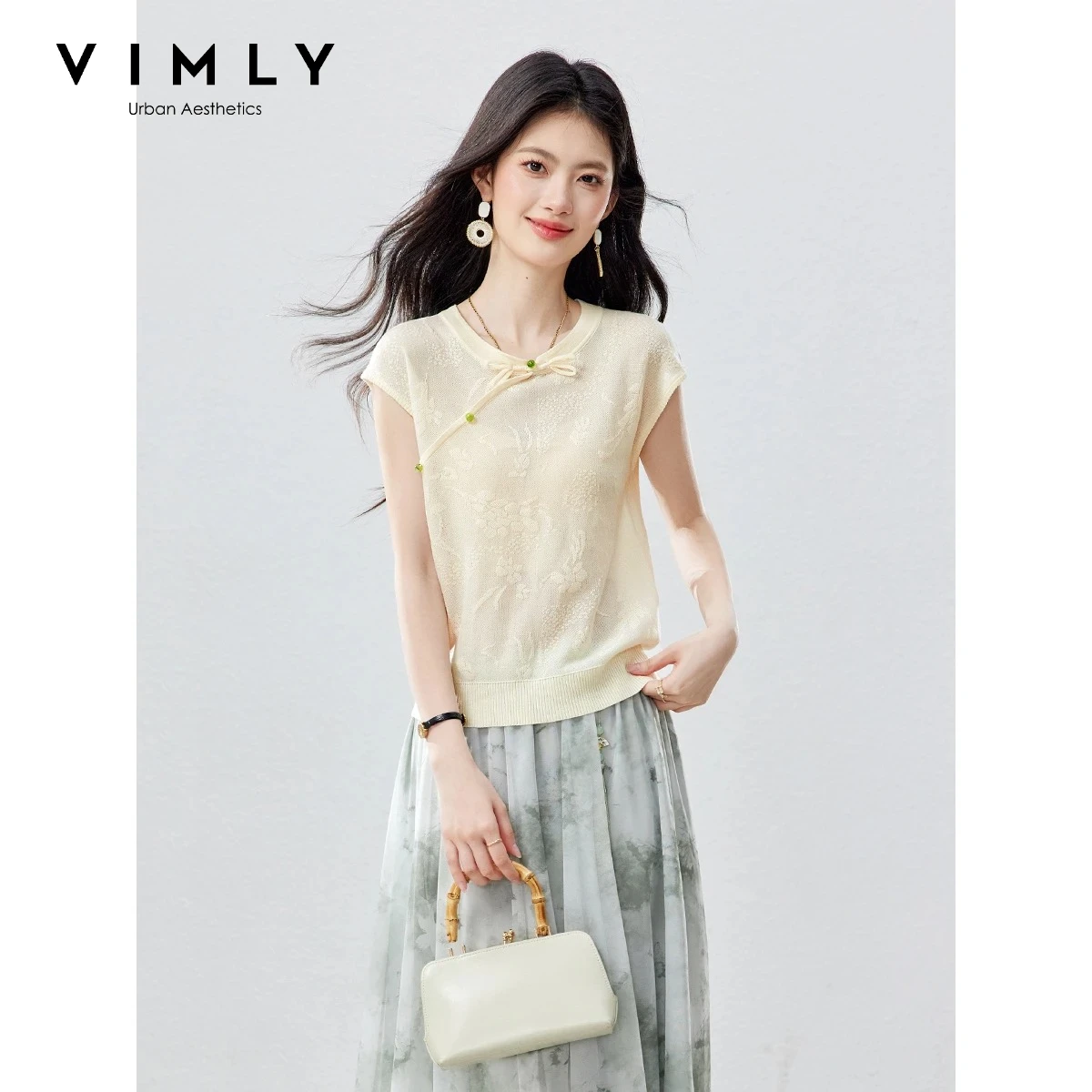 VIMLY Elegant Apricot Crew Neck Knit Top Women 2026 Summer New Asymmetrical Frog Button Jacquard Casual Sleeveless T-shirt 75362