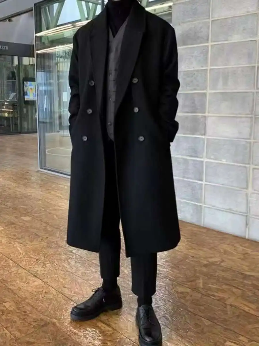 

Autumn Winter Briti Sle Men's Woolen Coat Long Casual Length Thiened Over-Knee Windbreaker Faionable Youth Trend