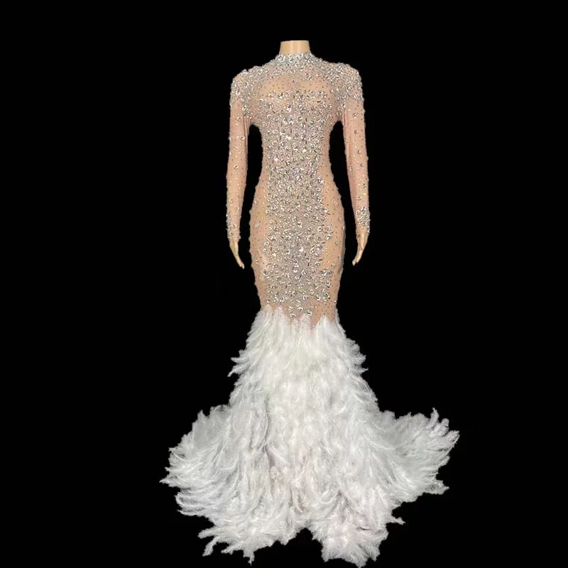 Luxurious Rhinestone Crystals Mesh Long Dresses Women Birthday Celebrate Evening Prom Gown Party Dress Singer Performance Wear