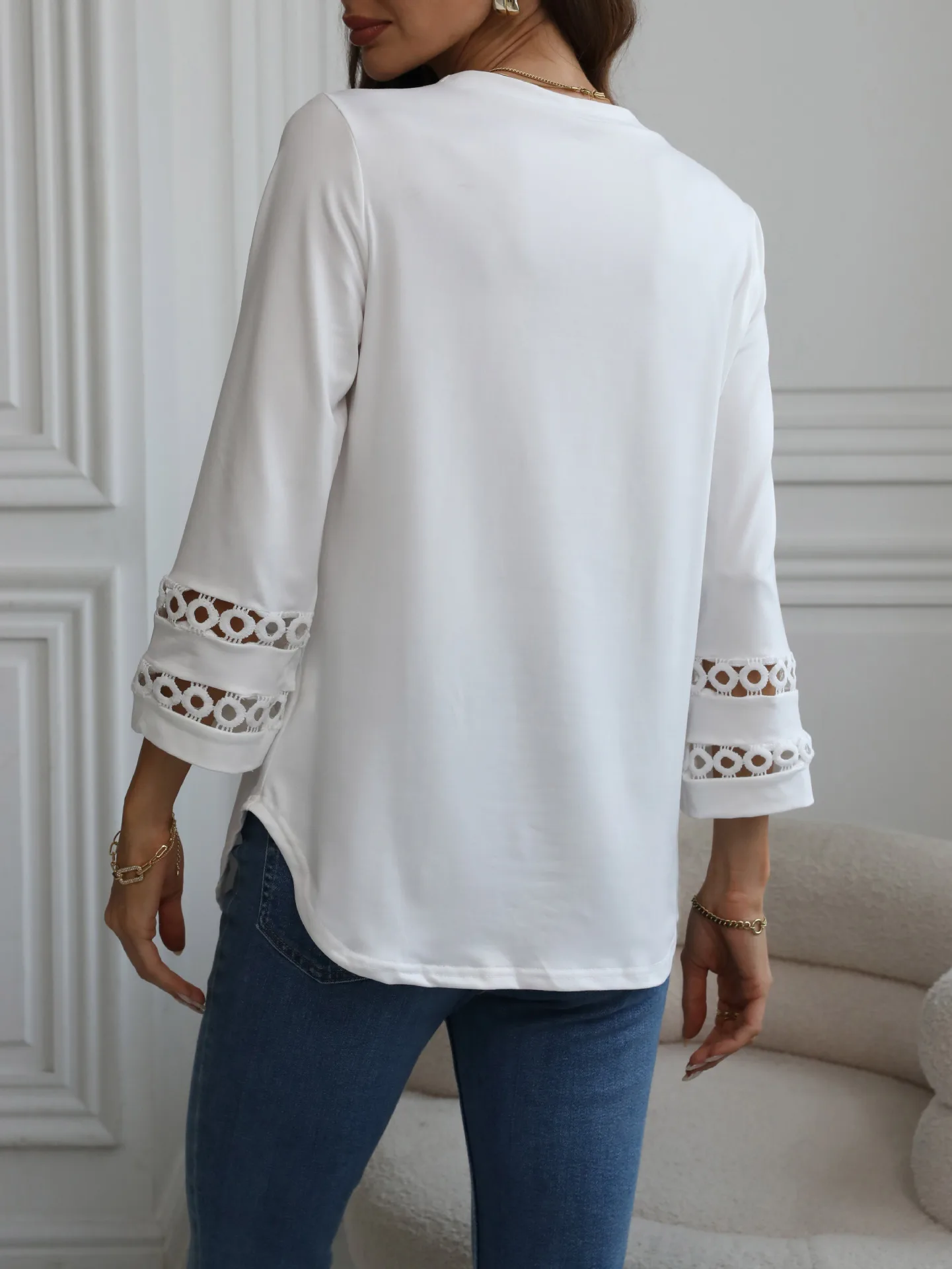 Women's spring and autumn solid color loose round neck patchwork lace seven-point sleeve casual T-shirt