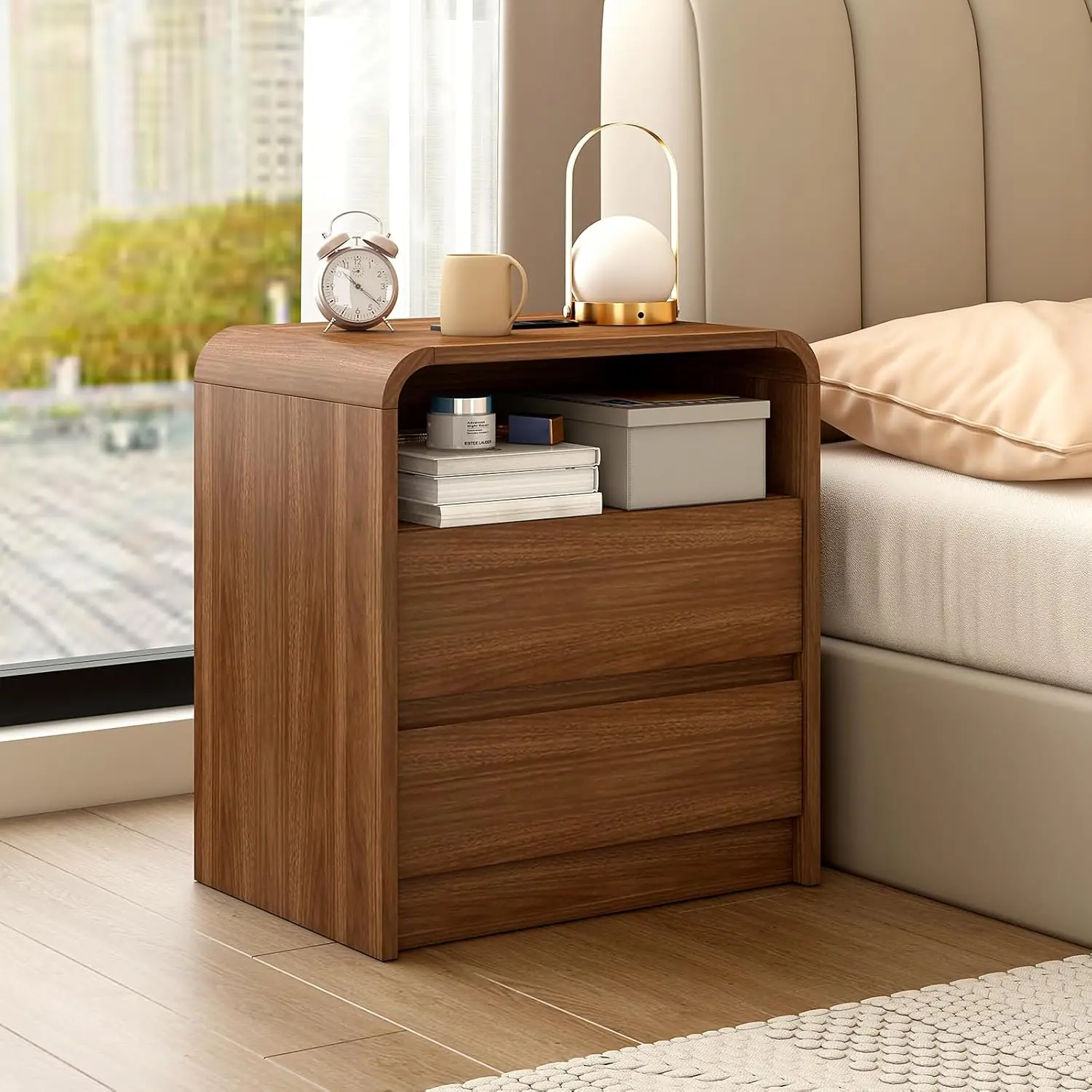 Modern Nightstand 23.6' Wide with Charging Station, Mid-Century Design, Anti-Collision Curve, Ideal for Dorm, Sofa, Office
