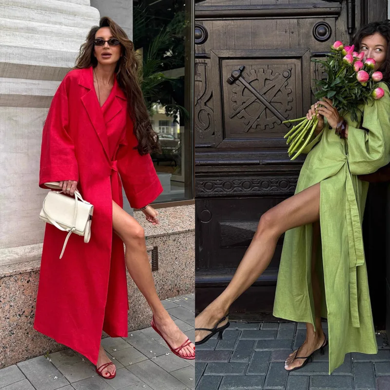 

2025 Casual Loose Pink Cotton Dress For Women Fashion Lapel Long Sleeve Ankle Length Lace-Up Elegant Dress For Ladies Wear New