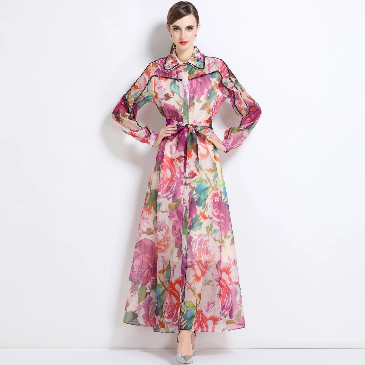 

Summer Chiffon Gorgeous Flower Long Dress Women's Turn Down Neck Lantern Sleeve Sashes Floral Print Loose A Line Robe Vestidos