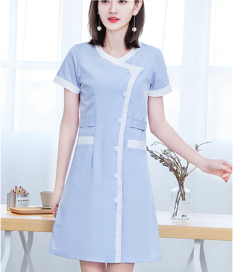 Nurse Summer Workwear Women Front Opening Slim Fit Skincarer Working Uniform Middle Sleeve Spa Clothes Pink Color