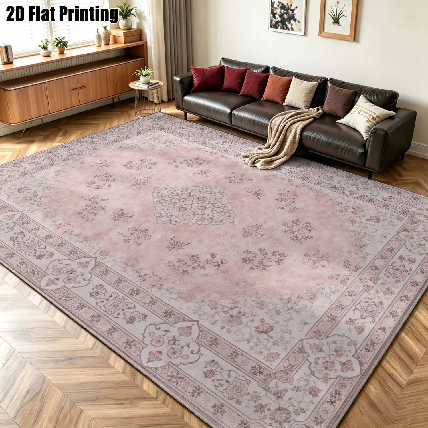 1Pc 2D Printed Pink Floral Retro Pattern Carpet: European Vintage Geometric Floor Mat, Multi-Size, Machine Washable, for Entrance, Living Room, Bedroom, Dining Room & Foyer Home Decoration