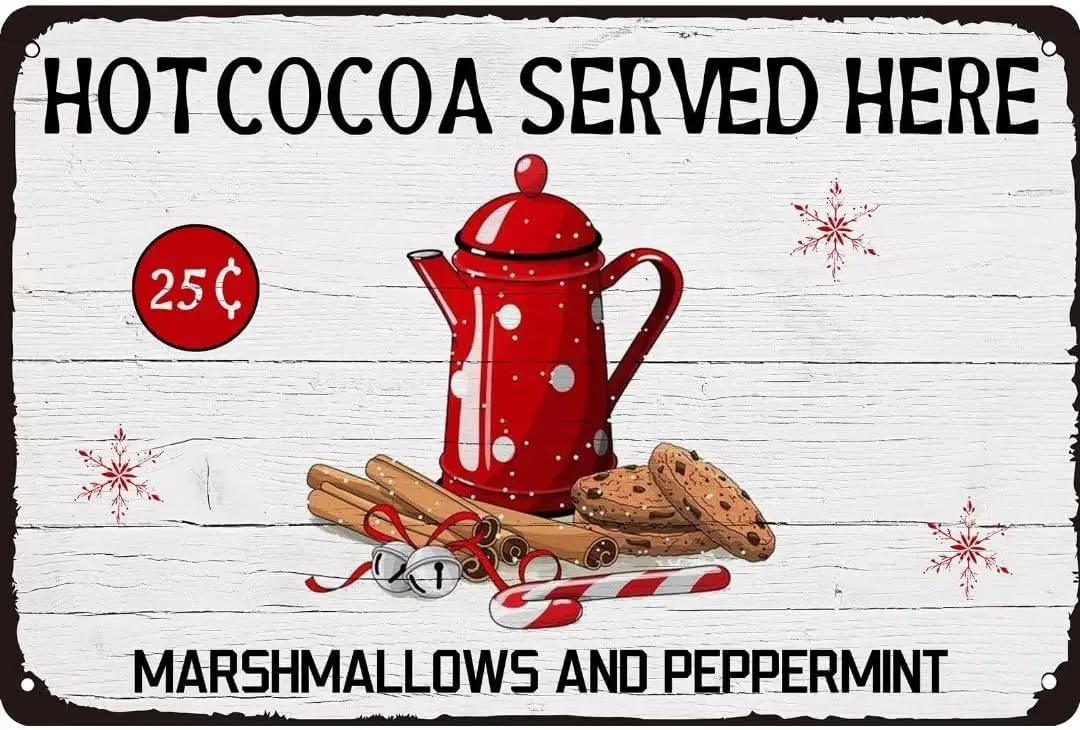 Hot Cocoa Served Here Marshmallows and Peppermint Christmas Metal Tin Sign Hot Cocoa Bar Wall Decor Farmhouuse Cfae 8x12 Inches