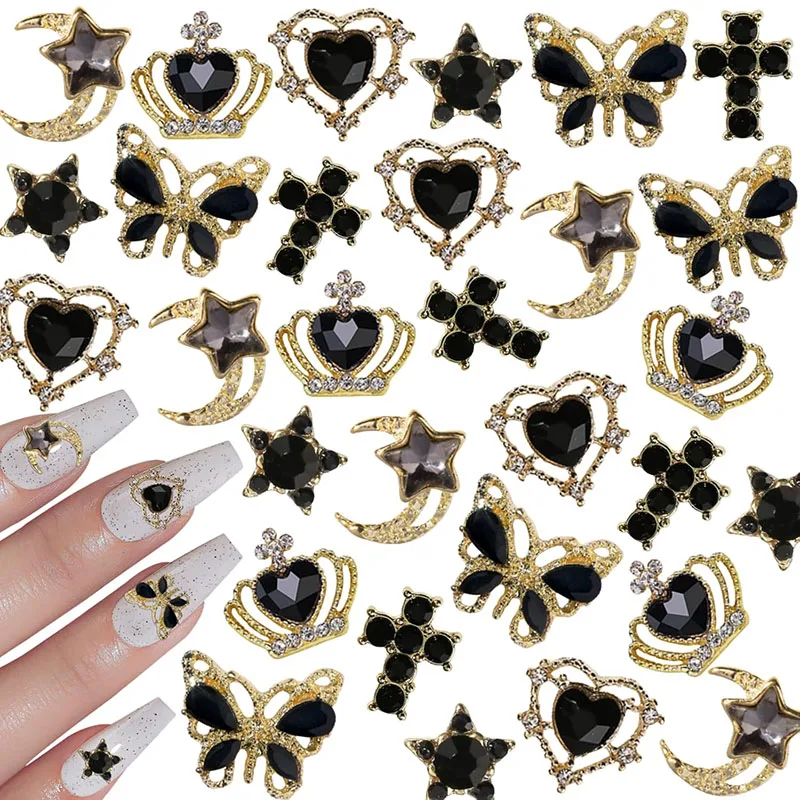 Nail Art Rhinestones Gems Decorations Alloy 3D Heart Butterfly Stars Cross Nail Charms Crystal Glass Diamond For DIY Nail Art