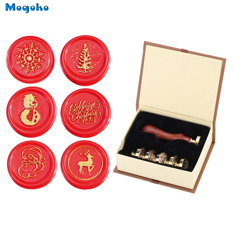 Mogoko Sealing Wax Stamps Merry Christmas Xmas Wax Seal Stamp Set Brass Head Wooden Handle Blessing Envelope Cards Decor