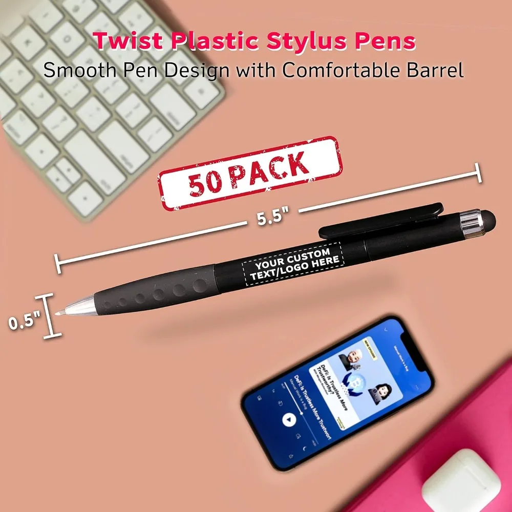 50 عبوة من أقلام القلم البلاستيكية الملتفة القابلة للتخصيص مع نص وشعار شخصي - أسود - مثالية للمناسبات الترويجية