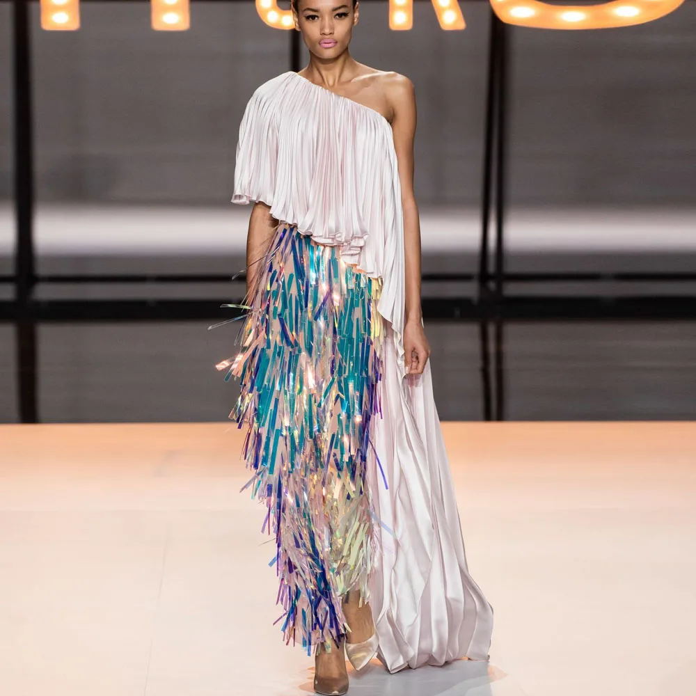 Привлекательный женский комплект из 2 предметов, сложенный асимметричный длинный топ с блестящими свободными брюками с блестками, торжественное платье Привлекательный женский комплект из 2 предметов, сложенный асимметричный длинный топ с блестящими свободными брюками с блестками, торжественное платье