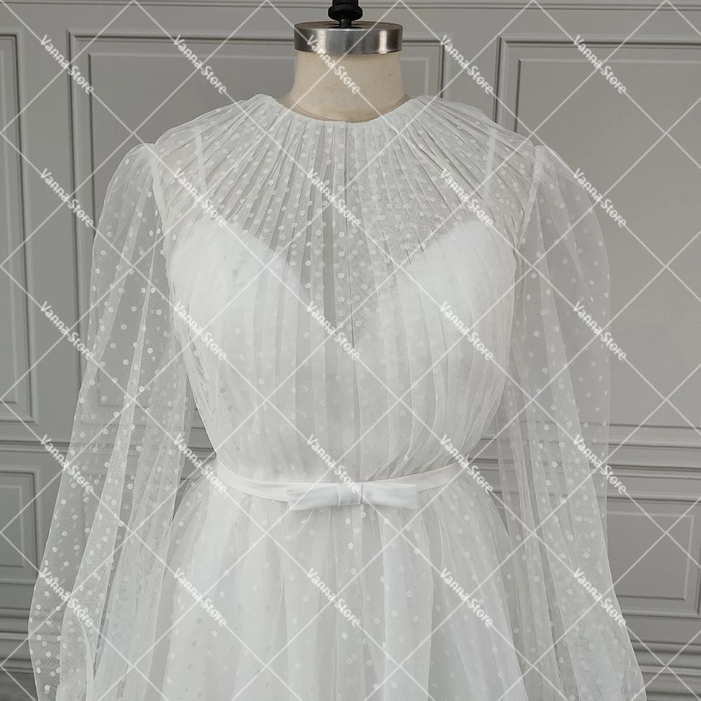 Two Pieces Mini Dotted Tulle Wedding Dress with Separate Long Bishop Sleeves Overlay Pleated Bodice Pearls Buttons Bridal Gowns