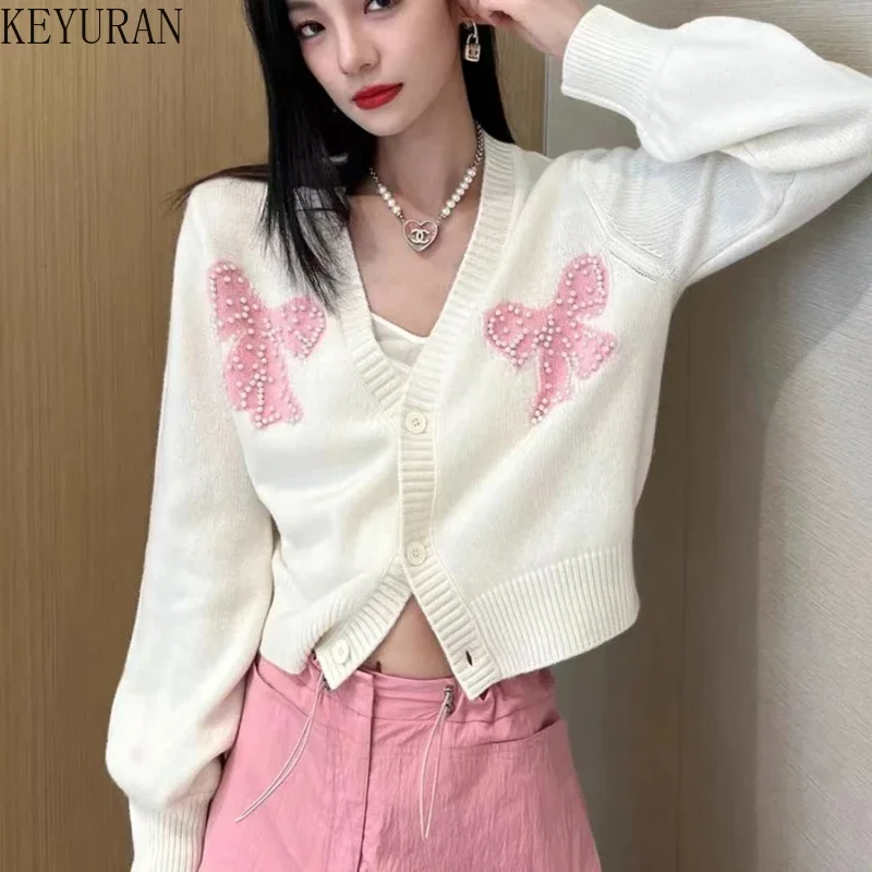 Autumn Winter Sweet Bow Beading Knitted Cardigan Women Vintage V-Neck Full Sleeve Sweater Korean Style Loose Short Knitting Tops