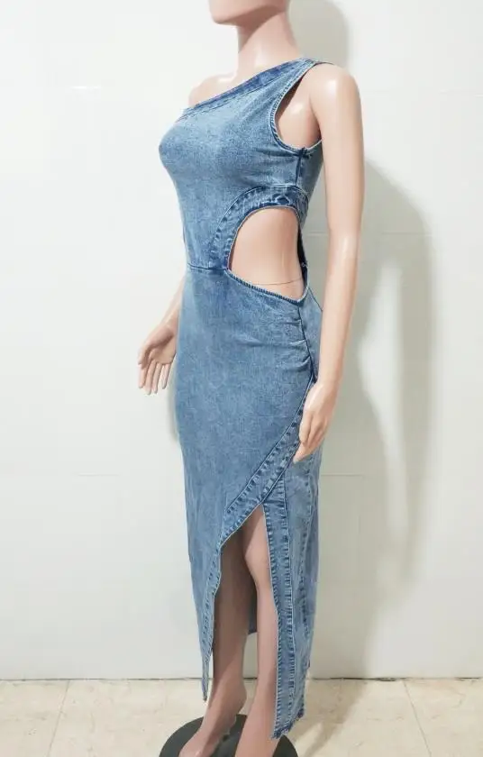 Effen kleur schuine hals off-shoulder holle taille ontwerp, heup knuffeljurk, asymmetrische splitrok, denim damesjurk