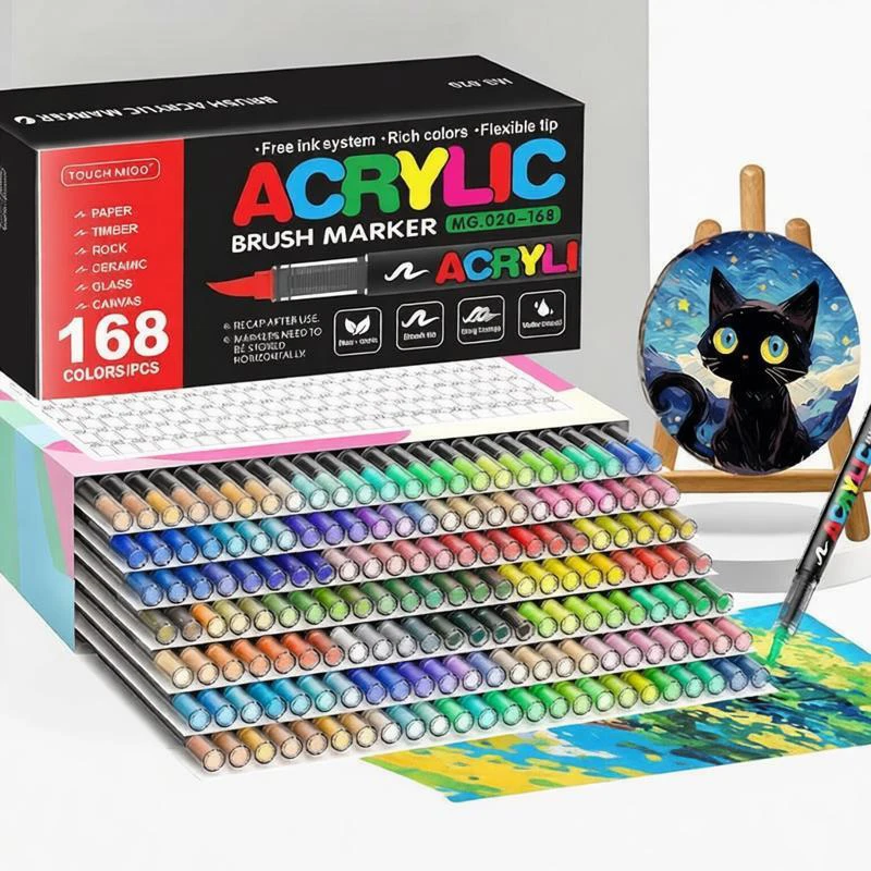 

12-168 Colors Flexible Brush Acrylic Markers Set for Rock Wood Canvas Glass Stone DIY Crafts Painting Art Supplies
