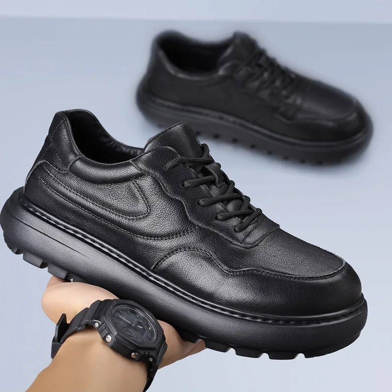 

New Men Genuine Leather Casual Shoes Thick-soled Flat Platform Shoes Lace-up Chunky Sneaker
