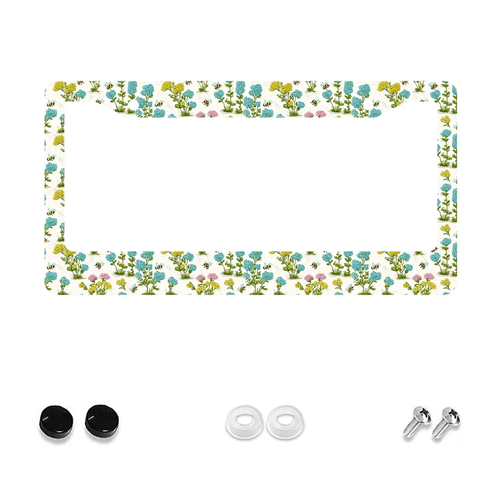 

1pc Colorful Floral and Bee Pattern 2 Hole License Plate Frame, Aluminum Material, 12x6 Inches with Screw Set, Vintage Novelty