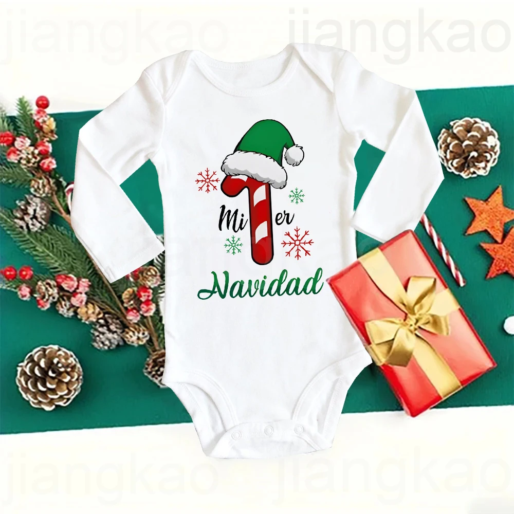 My First Christmas Spanish Printed Newborn Bodysuit  Baby Long Sleeve Romper Toddler Xmas Party Clothes Infant Baptism Outfits