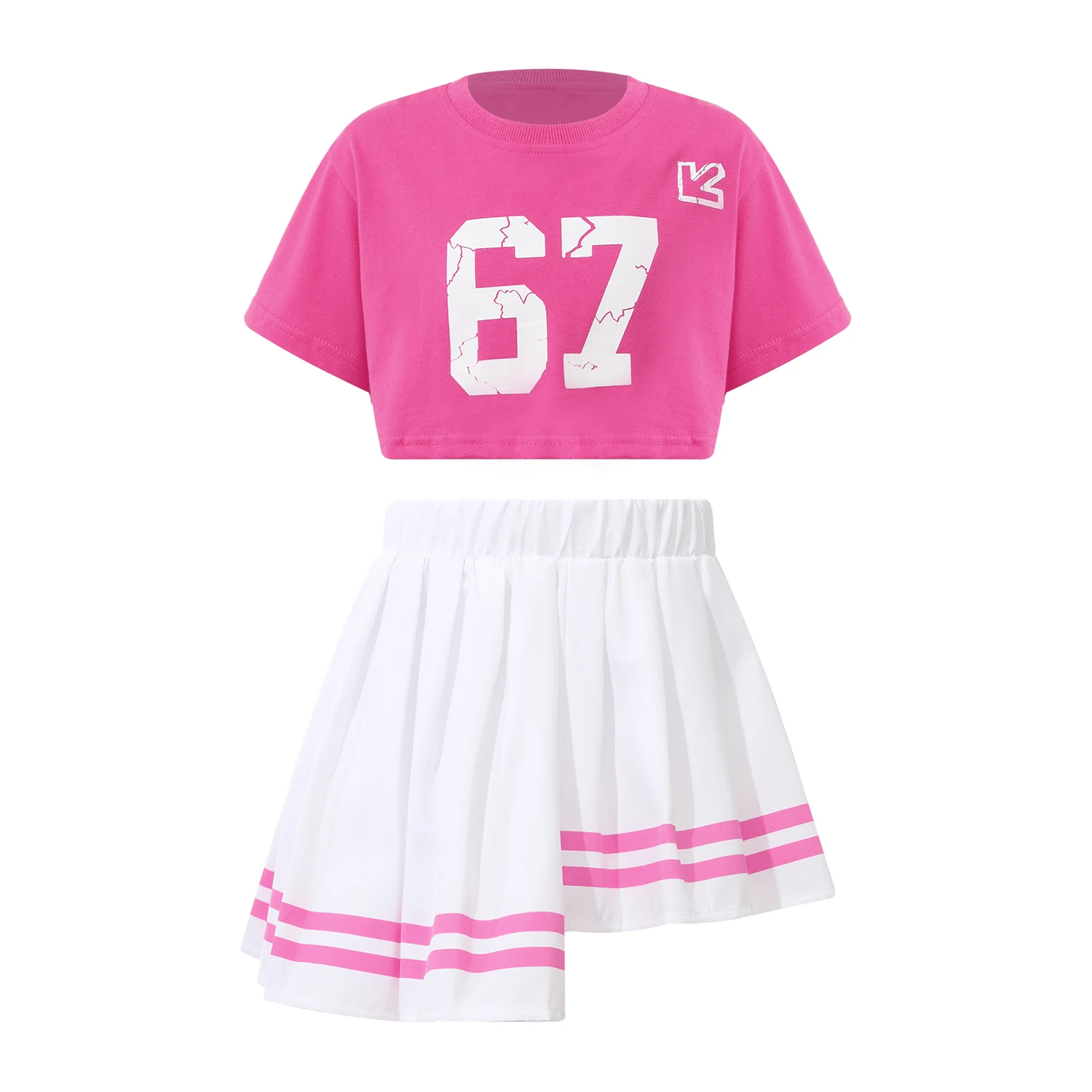 

2Pcs Kids Girls Cheerleading Performance Costume Short Sleeve T-shirt with High Waist Pleated Skirt for Competition Training
